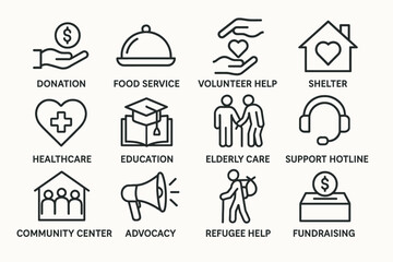 Community support icons featuring donation, healthcare, education, and volunteer help