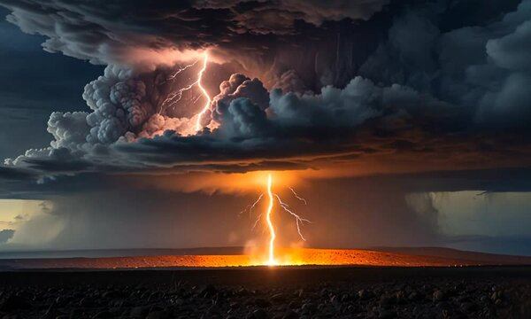 Dramatic Lightning Strike Across Stormy Sky and Dark Landscape