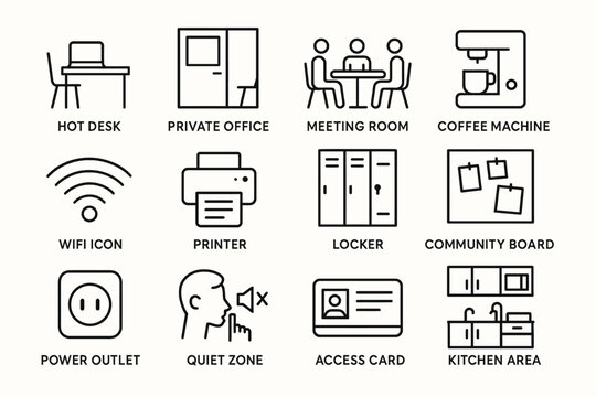 Office icons: hot desk, meeting room, coffee machine, printer, kitchen area
