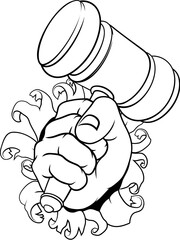 An auctioneer or judge hand holding a wooden hammer gavel