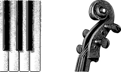 Classical music elements with piano keys and violin scroll engraving design