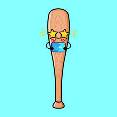 Funny Baseball Bat character using smartphone and wearing star-shaped sunglasses, watching videos and having fun