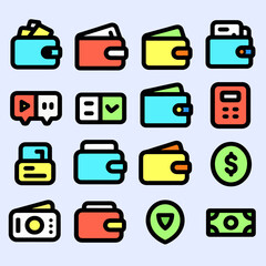Modern digital wallet collection icon vector including payment tools, finance apps, cards, and cash elements in a clean flat cartoon design.