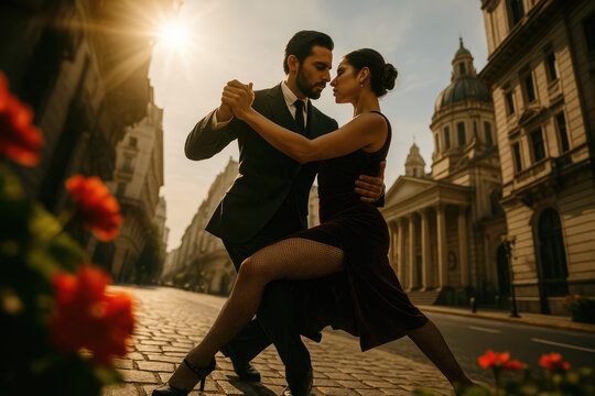 Romance in Motion: Tango Dancing Couple in Buenos Aires Streets Bathed in Warm Sunlight, with Petals Scattered and Emotions Flowing Freely.


