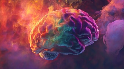 Obraz premium A 3D rendering depicts a brain hooked on dopamine, visualized against a backdrop of vibrant, swirling smoke. 