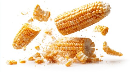 This dynamic image captures the explosive moment of corn kernels bursting apart, symbolizing energy and the vibrancy of fresh produce in a creative, dramatic way.