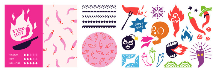 Chili themed graphic bundle with spicy chili drawings flames decorative elements and seamless patterns