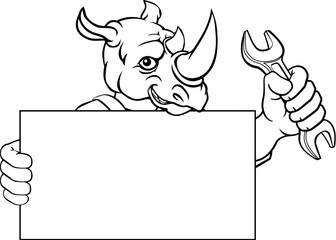 A rhino handyman, mechanic, plumber or other construction cartoon mascot man holding a wrench or spanner tool.