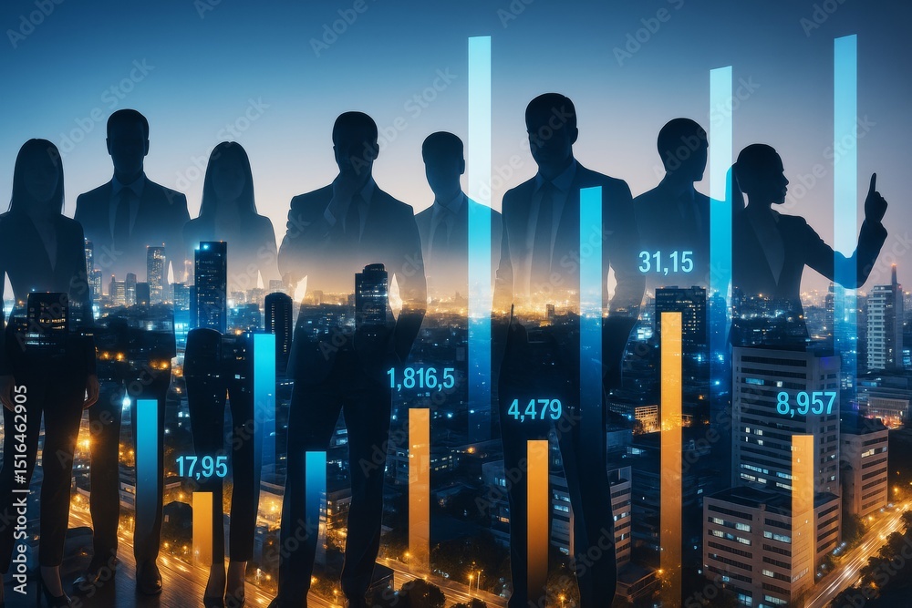 Poster business professionals with bar charts and city lights in the background symbolizing analytics and g