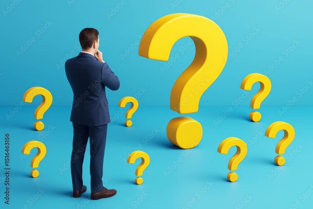 Poster businessman standing among large yellow question marks on a light blue background, symbolizing confu