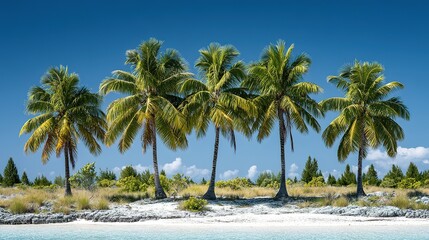Obraz premium Five palm trees stand tall on a tropical beach.