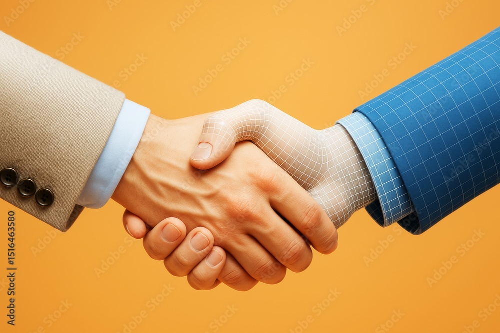 Poster human and digital hand shaking in business agreement concept on orange background with creative and 