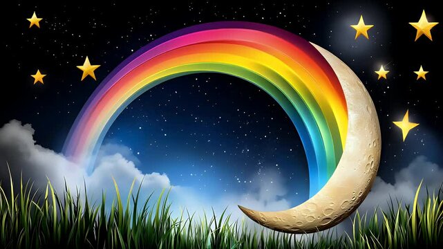 Magical Night Scene Crescent Moon, Rainbow, and Stars Over Green Grass