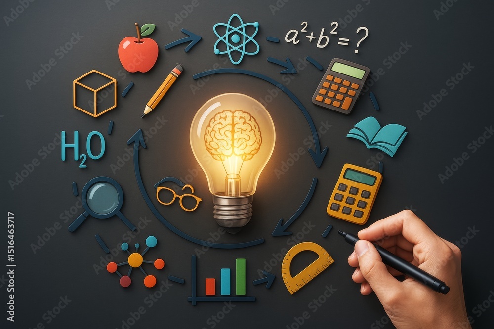 Poster glowing light bulb with brain surrounded by colorful educational icons on dark background representi