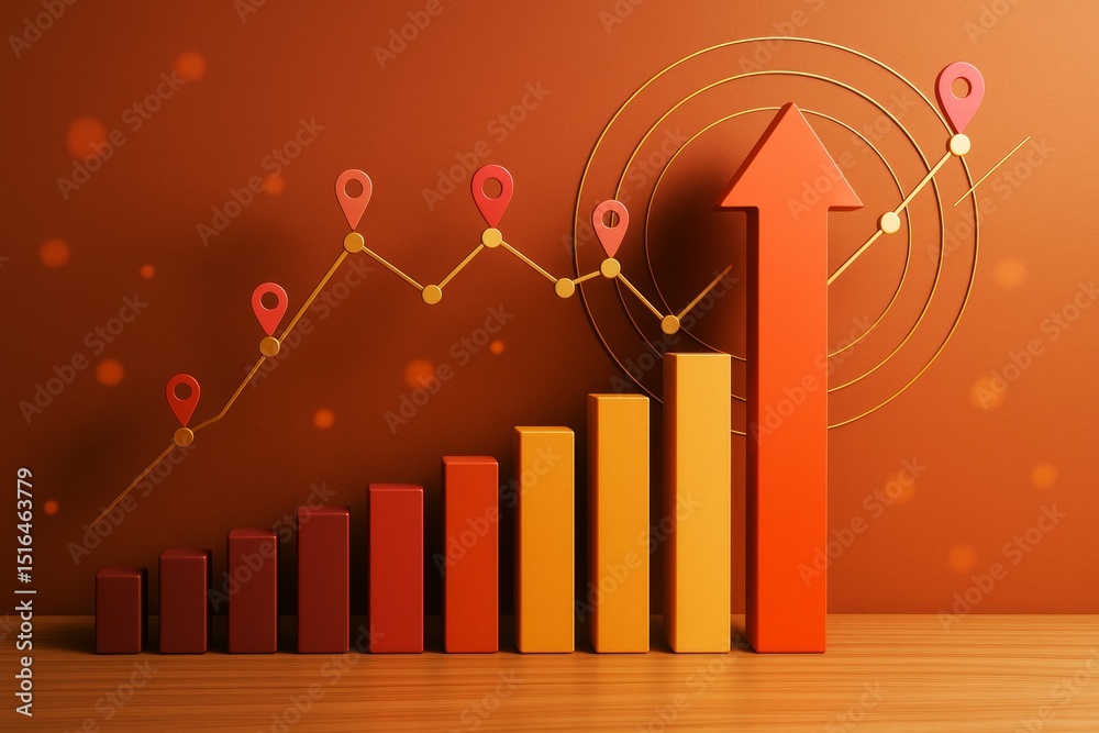 Poster business growth chart with 3d bar graph, upward arrow and data points on orange background illustrat