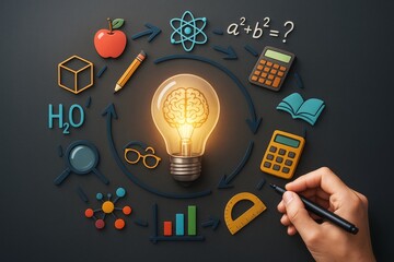 Glowing light bulb with brain surrounded by colorful educational icons on dark background representing creativity, learning, and scientific thinking.