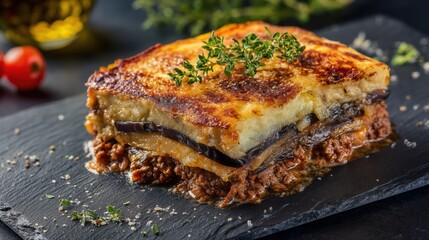 Delicious homemade layered eggplant and ground meat casserole baked to golden perfection with herbs and cheese served on a dark slate board