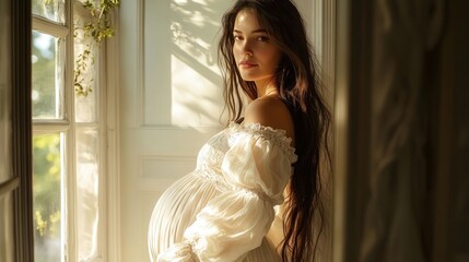 Fototapeta premium Pregnant woman in a white dress stands by a window, holding her belly and smiling. Soft natural light highlights her long hair and serene expression.