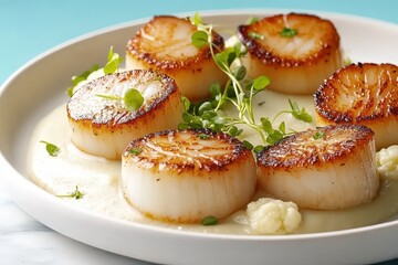 Pan-seared scallops served atop creamy cauliflower pur?e.
