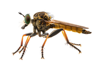 Detailed Close-Up of a Predatory Robber Fly on White Background Nature's Hunter in Focus