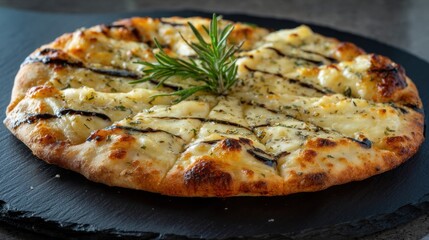 Crispy thin crust pizza topped with melted cheese, fresh herbs, and sliced vegetables on a dark slate serving platter, close-up view perfect for food imagery