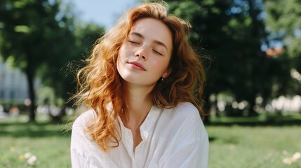 Naklejka premium Sunshine illuminating a joyful young woman with curly red hair in a park on a warm summer day