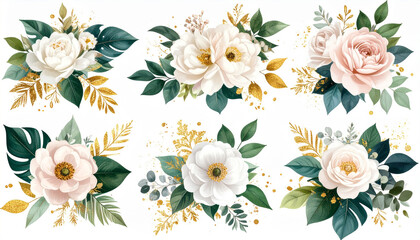 Fototapeta premium Set of isolated botanical bouquets in tropical wedding style with gold paint splashes, soft flowers.