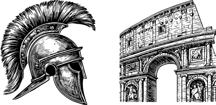 Engraved illustration collection of roman gladiator helmets and architecture for historical design
