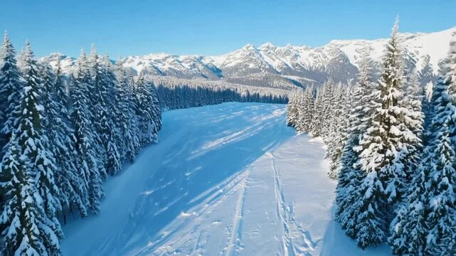 A snow-covered mountain landscape with a clear blue sky, showing a ski track