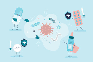Funny medicines mascots heroes fighting with viruses and infection. Medical care. Different medical pills and bottles. Healthcare, pharmacy. Drug medication