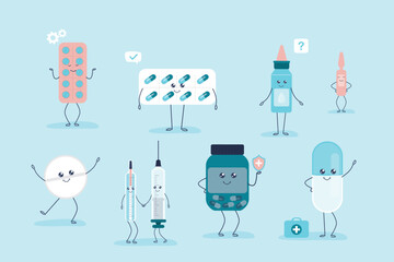 Set of different medical pills, drugs and tools. Funny mascots with faces. Healthcare, pharmacy, first aid kit, medicine. Treatment, health protection. Horizontal banner.
