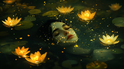 A Young Woman Suspended in Dark Waters, Surrounded by Glowing Golden Lilies and Twinkling, Mystical Light