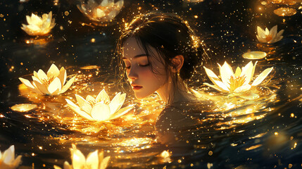 A Young Woman Suspended in Dark Waters, Surrounded by Glowing Golden Lilies and Twinkling, Mystical Light