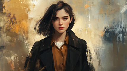 A young woman walking confidently, her gaze fixed ahead, with determination in her eyes and a steady stride