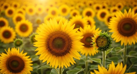 Obraz premium Golden Sunflower Field in Warm Sunlight