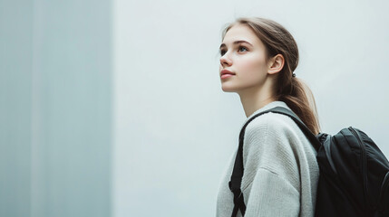 A young woman walking confidently, her gaze fixed ahead, with determination in her eyes and a steady stride