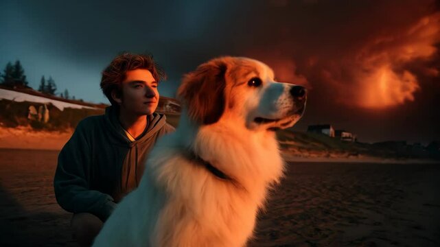 Young man and large dog sitting on a sandy beach during a fiery sunset with a pier in the distance looking out at the ocean.