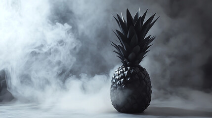 Abstract Black Geometric Pineapple Still Life with Smoky Misty Background and Subtle Shadow Play