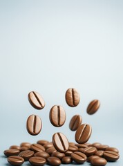 Falling coffee beans on light background with clean copyspace for drink advertising or creative poster template design concept.