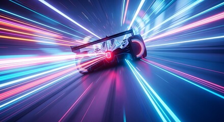 Naklejka premium Futuristic Race Car Speeding Through Neon Light Trails