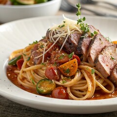 Delicious Italian spaghetti meal with meatballs, tomato sauce, and basil on a white plate