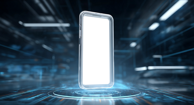 Sci-fi phone concept with transparent screen, digital interface background.