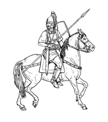 Iberian mounted warrior. Dangerous and brave enemies of the Roman Empire. Historische Zeichnung.