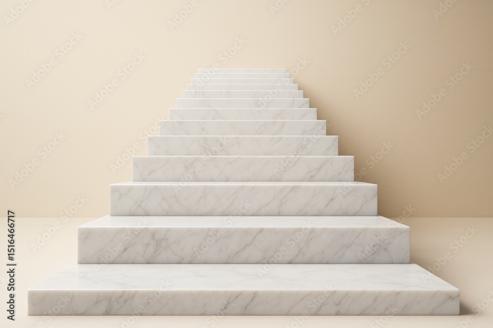 Poster white marble staircase ascending into soft light on beige background, minimalistic concept of progre