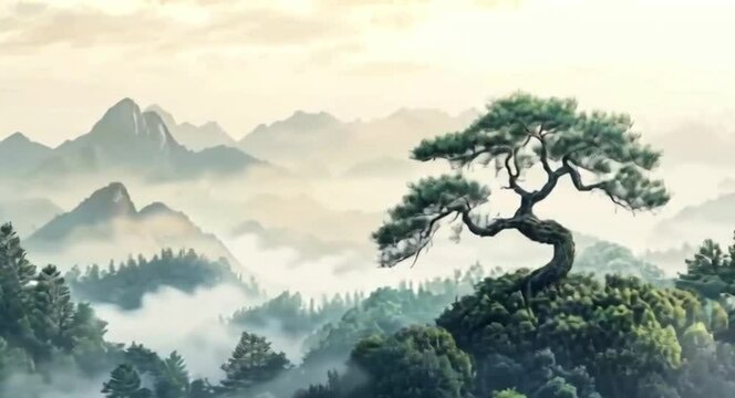 Misty mountain landscape with ancient pine tree