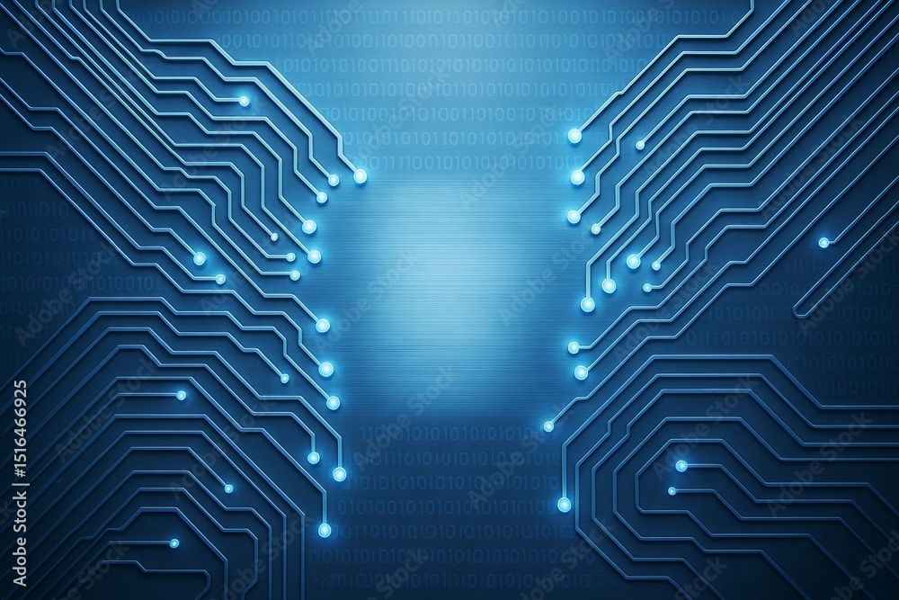 Aufkleber Abstract digital circuit board background with glowing blue lines and binary code, symbolizing futuristic technology and data flow.