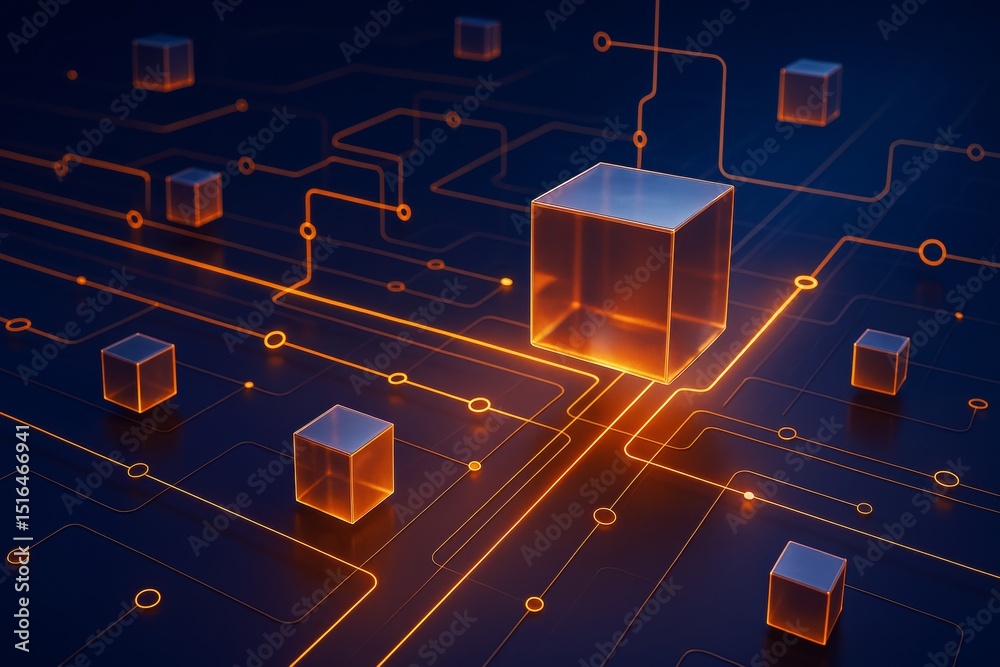 Poster Glowing transparent cubes connected by orange circuitry lines on a dark digital background in a futuristic graphic style. Ai generative.