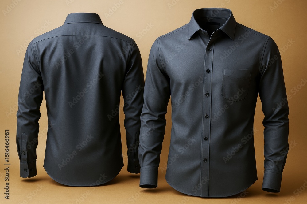 Poster dark formal men's shirt front and back displayed on light brown background with minimalistic lightin