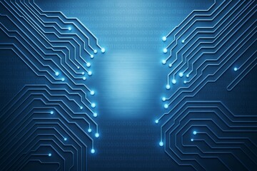 Abstract digital circuit board background with glowing blue lines and binary code, symbolizing futuristic technology and data flow.