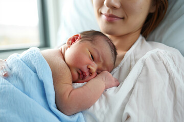 Newborn baby sleeping peacefully on mother s chest in hospital